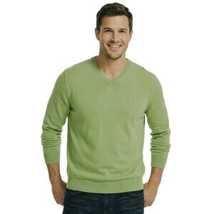 Nautica Green V-Neck Sweater Men’s Large 100% Cotton Pullover Preppy Golf